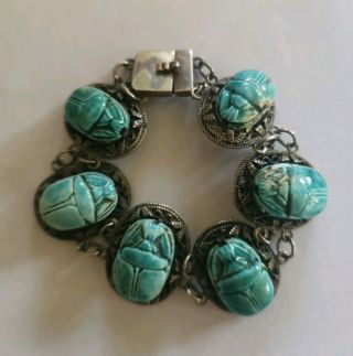 Art Deco Egyptian Revival 800 Silver Scarab Bracelet