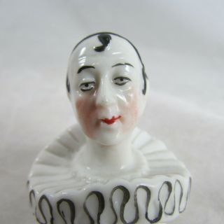 1920s Pierrot Clown Pincushion Half Doll Porcelain Germany Elizabethan Collar 5