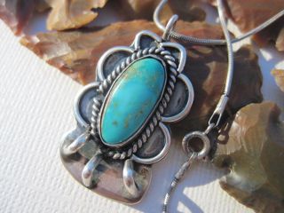 Vintage Old Pawn Turquoise & Sterling Silver Pendant On A 925 Sterling Necklace