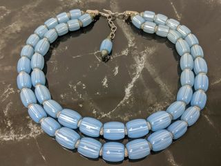 Lovely Vintage Trifari Jewellery Double String Necklace Blue Moon Glow Beads