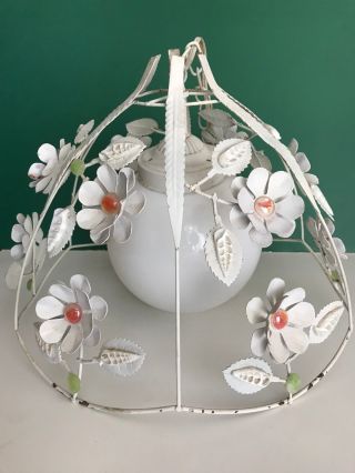 Vintage Metal Tole Lamp Shabby Floral Flowers Shells Cabochon Hanging Swag