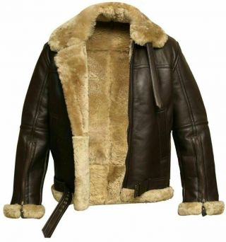 Raf Aviator Leather Jacket For Men Fur Collar Brown Bomber Sheep Skin