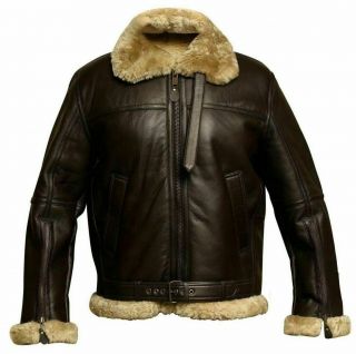 RAF Aviator Leather Jacket for Men Fur Collar Brown Bomber Sheep Skin 2