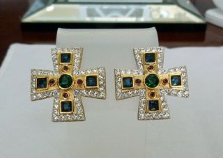 Swan Signed Swarovski Regal Jewel Rhinestones Glass Maltese Cross Earrings