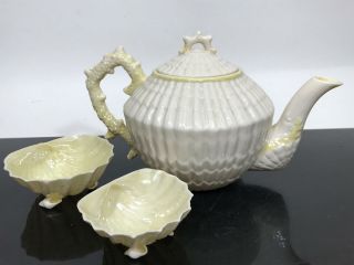 Vtg Belleek 3pc Limpet Neptune Nautical Seashell Teapot Sugar Bowl Set