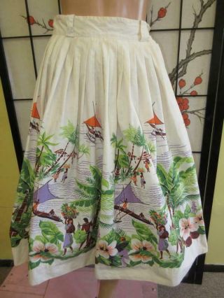 Vtg 40 50s Hawaii Tropical Island Print Wide Border Full Rockabilly Dress Skirt