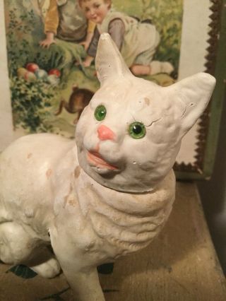 Rare Antique White German Cat Candy Container Glass Eyes Early 1900’s