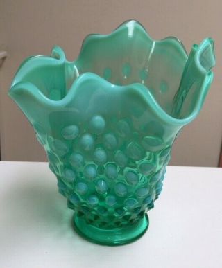 Rare Vintage Fenton Green Hobnail Opalescent Vase 6.  5 " Swung Unique Gift