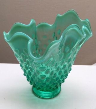 RARE Vintage Fenton Green Hobnail Opalescent Vase 6.  5 