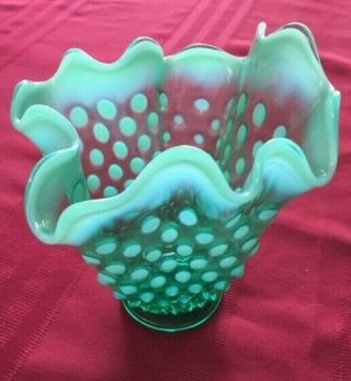 RARE Vintage Fenton Green Hobnail Opalescent Vase 6.  5 