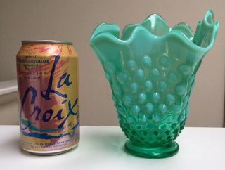 RARE Vintage Fenton Green Hobnail Opalescent Vase 6.  5 