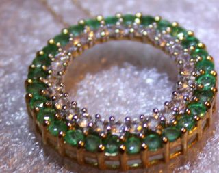 Estate Find Finest Vintage 14k Yg Emerald & Diamond Circle Pendant Necklace