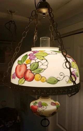 Vintage Hurricane Style Hanging Light Swag Lamp Hand Painted Fruits Glass Globe
