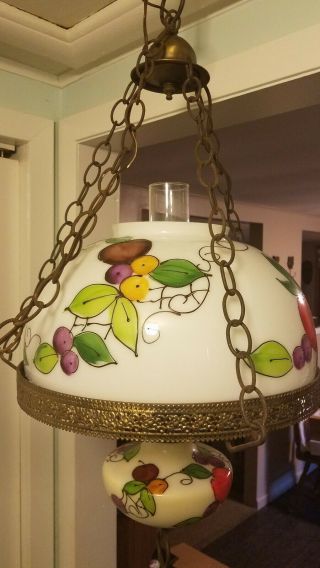 Vintage Hurricane Style Hanging Light Swag Lamp Hand Painted Fruits Glass Globe 2