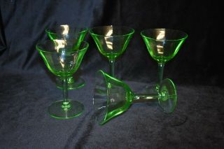 Vintage Green Uranium Vaseline Optic Glass Cocktail Martini Glasses,  Set Of 5