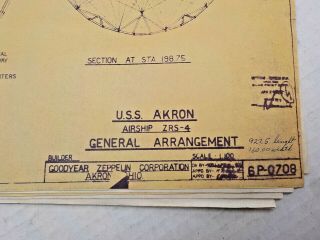 Uss Akron Blueprint Sheet Goodyear Zeppelin Corp.  Airship Zrs - 4 Vintage