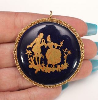 Lrg Antique 14k Gold & French Limoges Porcelain Gold Gilt Pin Necklace Pendant