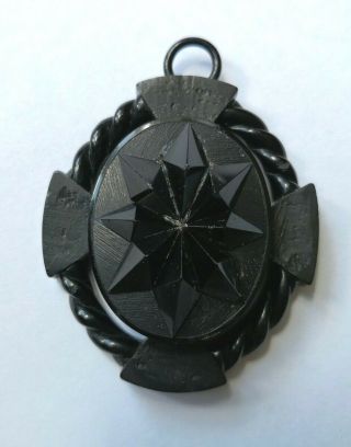 Victorian Carved Whitby Jet Mourning Pendant Cross & Rope Detail - 5cm X 4.  5cm