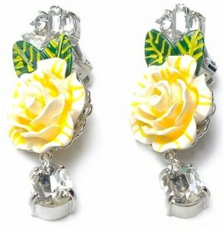 Dolce & Gabbana Auth Yellow Sicilian Flower Crystal Chandelier Clip Earrings
