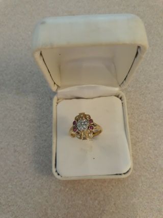Vintage 14k Yellow Gold Single Cut Diamonds & Ruby Ladies Cluster Ring