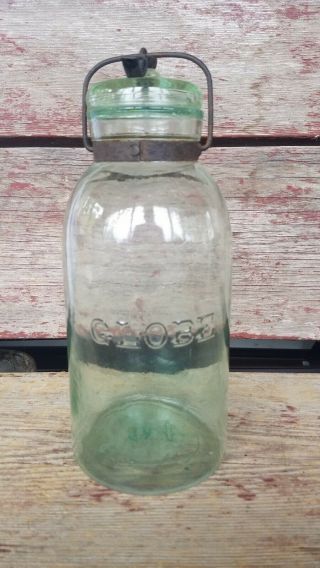 Vintage Globe Light Green Half Gallon Jar W/ Glass Lid & Wire Bale