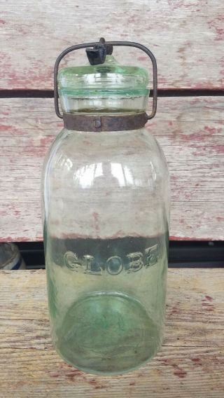 Vintage Globe Light Green Half Gallon Jar W/ Glass Lid & Wire Bale 3