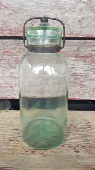 Vintage Globe Light Green Half Gallon Jar W/ Glass Lid & Wire Bale 5