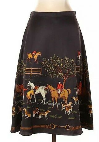 J.  Crew Vintage Equestrian Silk A Line Skirt Horses Hound Dog Sz 0 Hunting