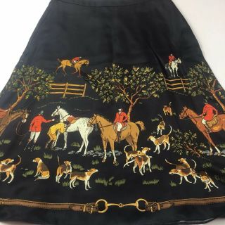 J.  Crew Vintage Equestrian Silk A Line Skirt Horses Hound Dog Sz 0 Hunting 2