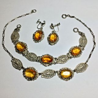 Czech? Filigree and Glass Set Necklace,  Bracelet and Earrings 2