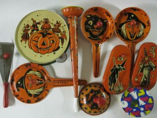 10x Vintage Tin Litho Halloween Noisemakers Party Favors Horn Tambourine Bell