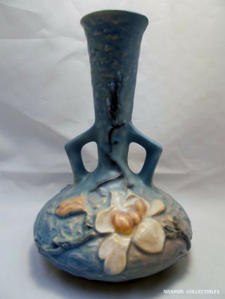 Vintage Roseville Pottery Magnolia Blue Double Handled Bud Vase 179 - 7