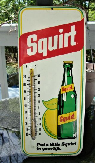 Vintage Squirt Soda Tin Thermometer Store Sign Embossed 1977