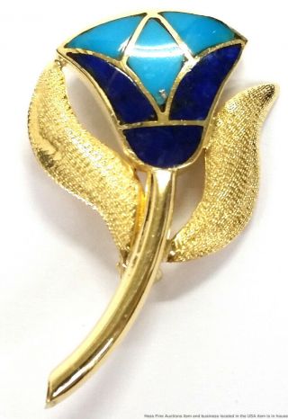 Vintage 18k Yellow Gold Lapis Lazuli Turquoise Inlay Mosaic Floral Tulip Pin