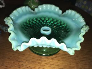 Vintage Fenton Opalescent Green Hobnail Candle Holder/bowl