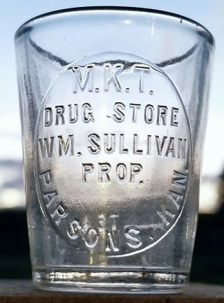 Rare M.  K.  T.  Drugstore Wm.  Sullivan Prop.  Railroad Dose Glass Parsons Kansas Ks