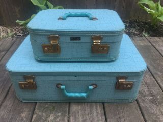 Vintage Turquoise Aqua Suitcase And Train Case Mid Century Retro Travel Luggage