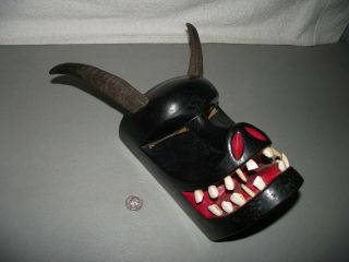 Vintage Scary Hand Carved Wood Tribal Mask W/real Horns & Teeth Orig.  Tag $225