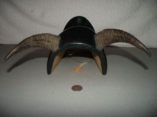 Vintage Scary Hand Carved Wood Tribal Mask w/Real Horns & Teeth Orig.  Tag $225 3