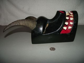 Vintage Scary Hand Carved Wood Tribal Mask w/Real Horns & Teeth Orig.  Tag $225 4