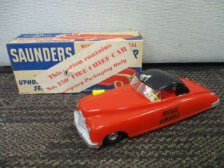 Vintage Plastic Saunders Friction Wind Up Mechanical No.  250 Fire Chief Car