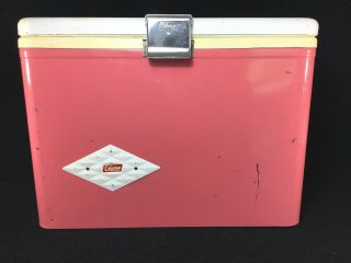 Vintage Metal Pink Salmon Diamond Logo Coleman Cooler Ice Chest W/tray