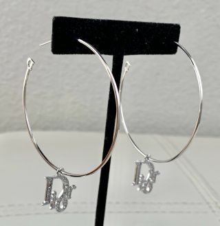 RARE Vintage Authentic Christian Dior Crystal Monogram Logo Hoops Earrings 11
