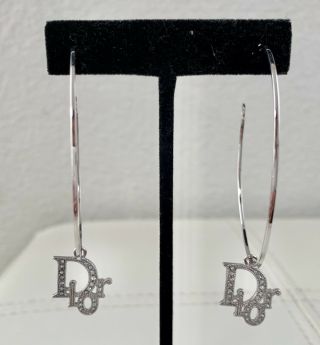 Rare Vintage Authentic Christian Dior Crystal Monogram Logo Hoops Earrings