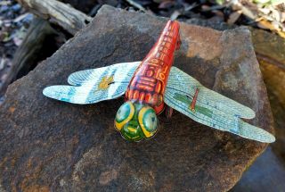 Dragonfly Litho Pressed Tin.  Friction Toy Vintage Bright Colors