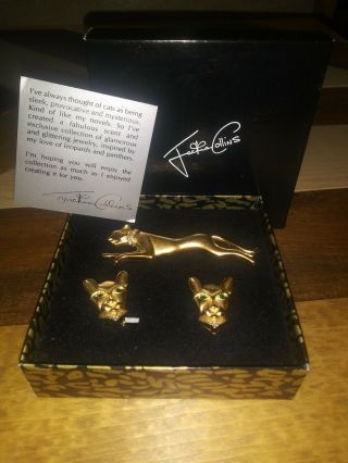 Estate Jackie Collins Gold Tone Rhinestone Panther Brooch Earring Orig Boxed Set