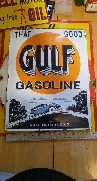 Vintage Gulf Gasoline Porcelain Sign Gas Station Oil Pump Plate Soda Lubester