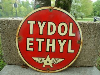 Vintage Tydol Flying A With Ethyl Porcelain Service Gas Station Pump Sign