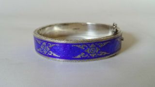 Vintage Siam Engraved Blue Enamel Sterling Silver Bangle Bracelet Estate Find