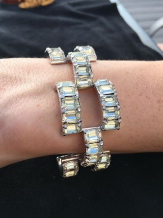 Vntg Eisenberg Signed Clear Ice Rhinestone Crystal Thick Silver Metal Bracelet